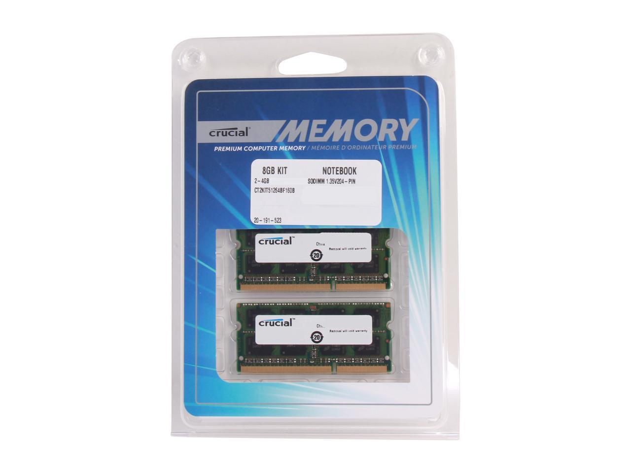 Crucial 8GB Kit (2 x 4GB) DDR3L 1600 MT/s (PC3L-12800) SODIMM 204-Pin 1.35V Laptop Memory - CT2KIT51264BF160B