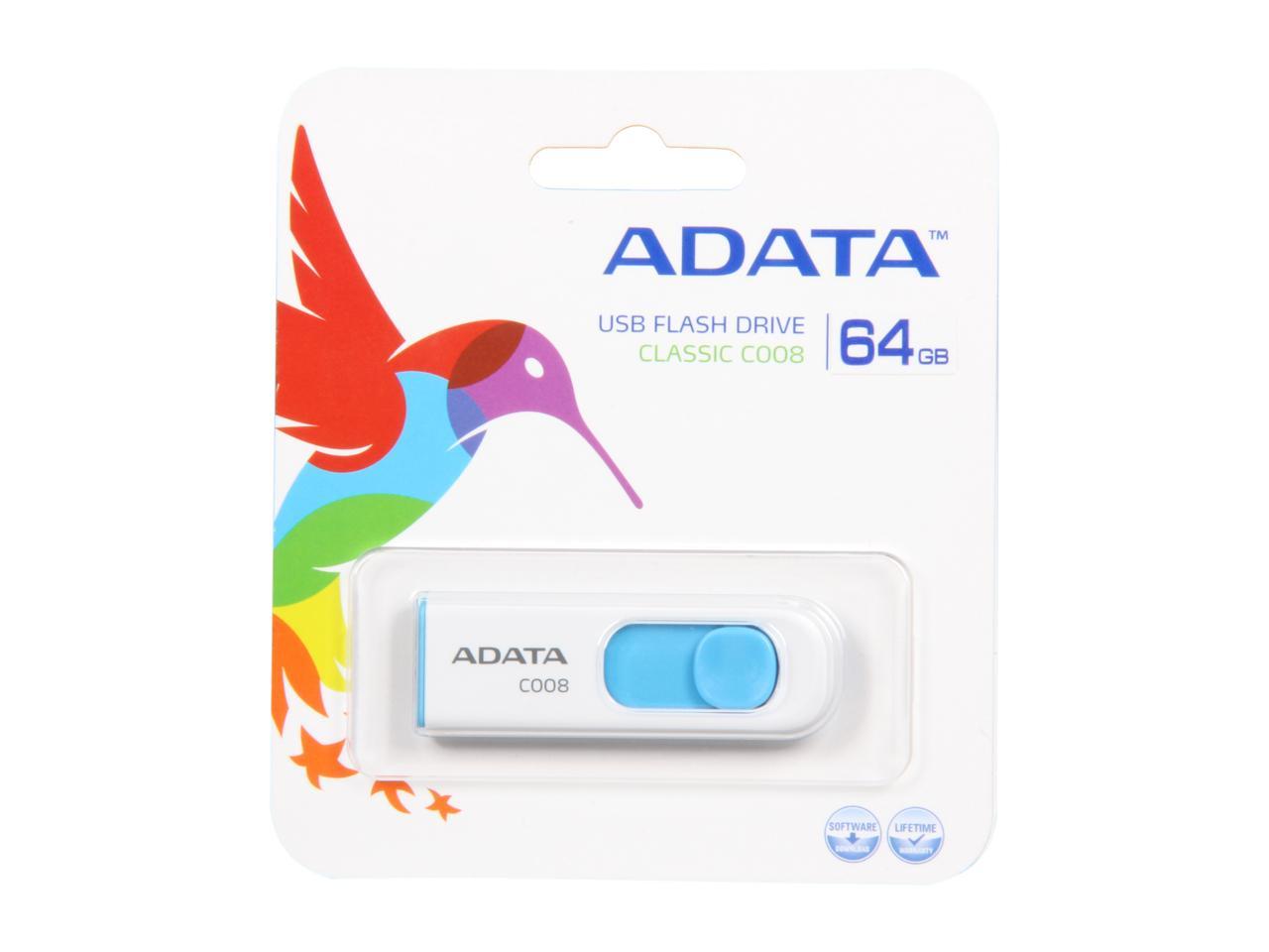 ADATA Classic Series C008 Retractable 64GB USB 2.0 Flash Drive (White and Blue) Model AC008-64G-RWE