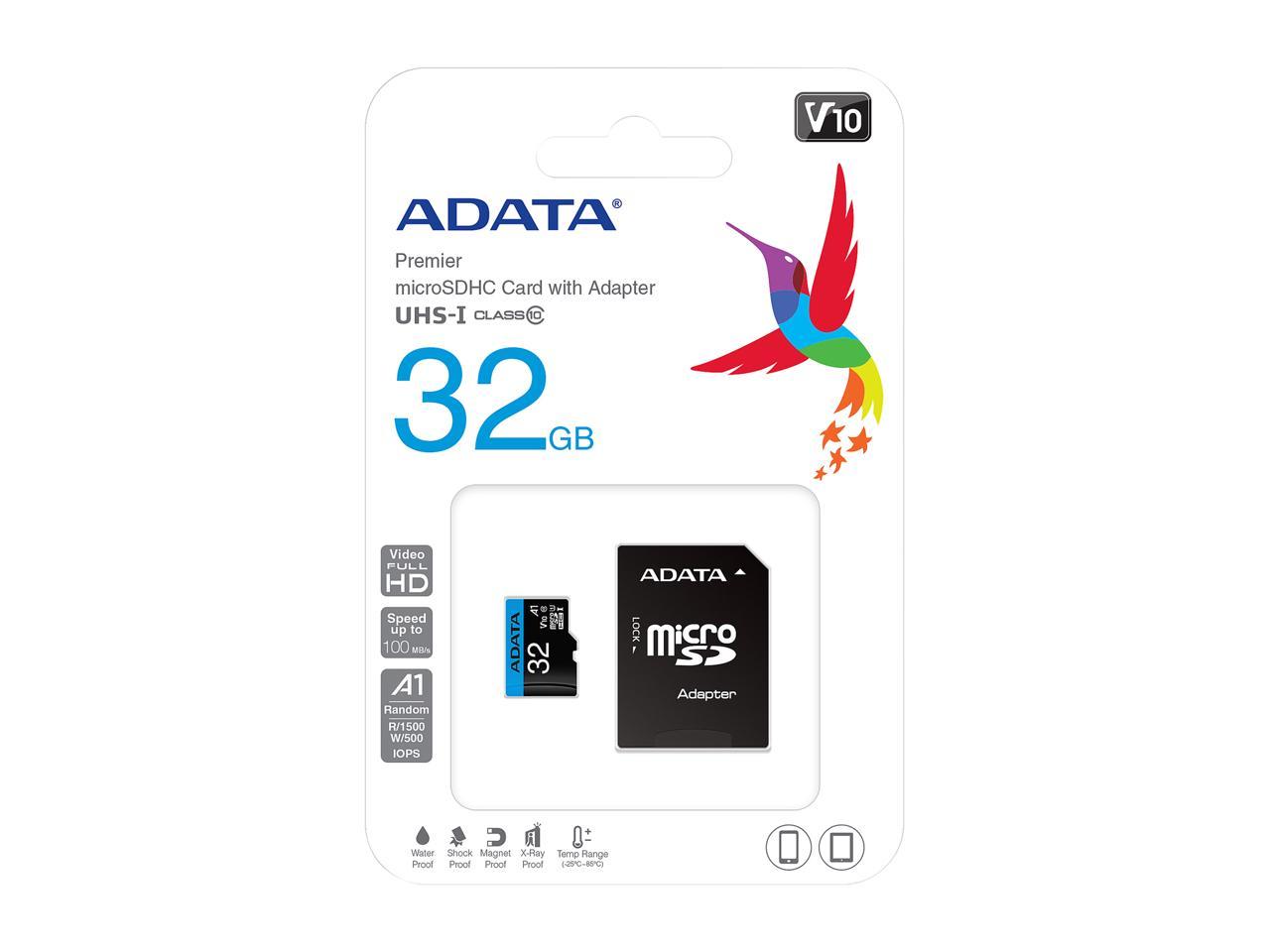 ADATA 32GB Premier microSDHC UHS-I / Class 10 V10 A1 Memory Card with SD Adapter, Speed Up to 100MB/s (AUSDH32GUICL10A1-RA1)