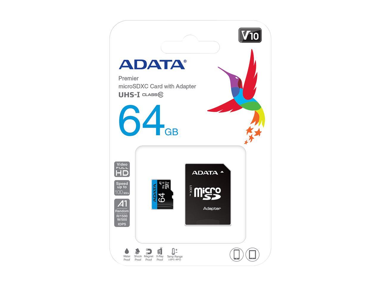 ADATA 64GB Premier microSDXC UHS-I / Class 10 V10 A1 Memory Card with SD Adapter, Speed Up to 100MB/s (AUSDX64GUICL10A1-RA1)