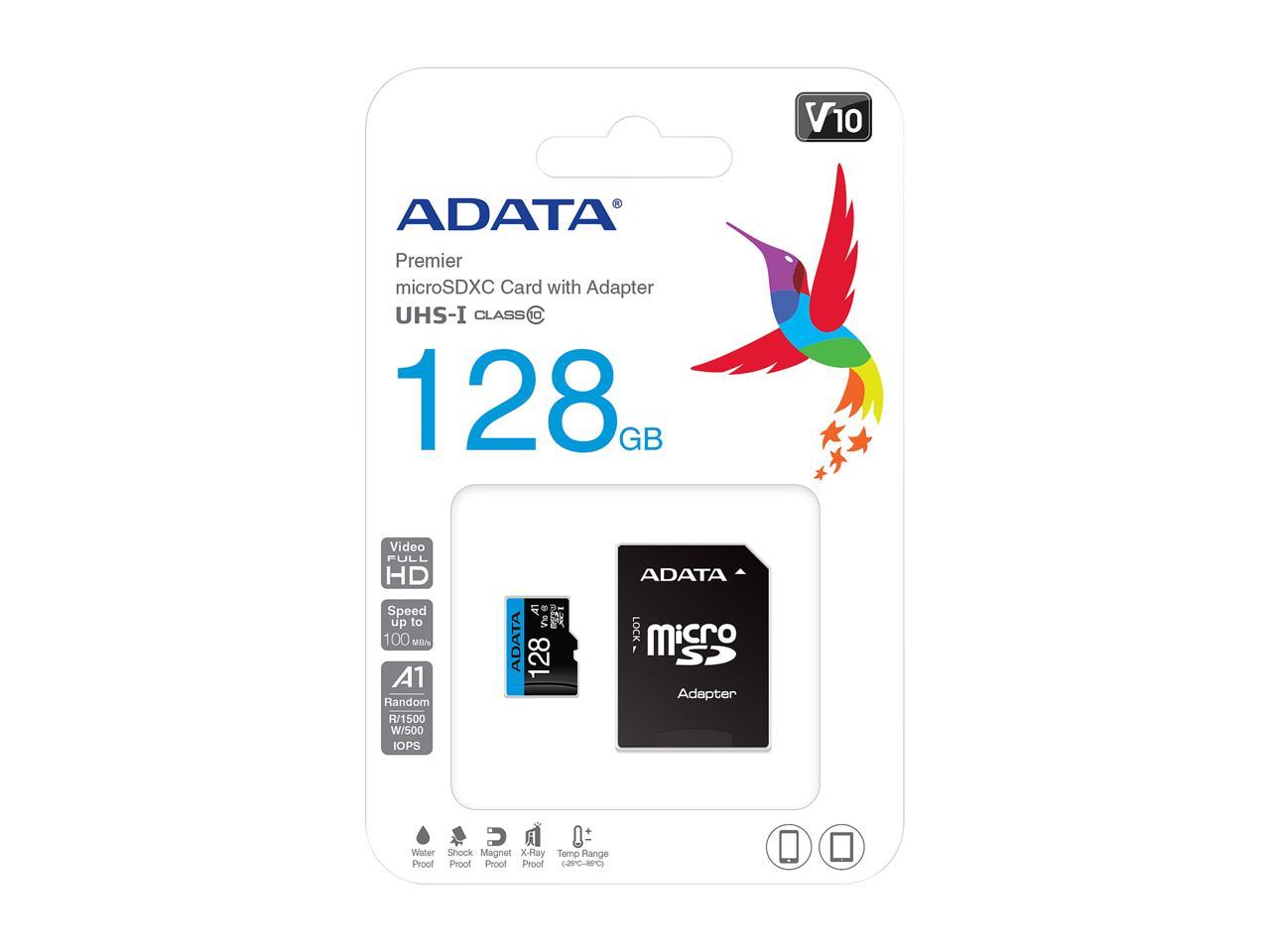 ADATA 128GB Premier microSDXC UHS-I / Class 10 V10 A1 Memory Card with SD Adapter, Speed Up to 100MB/s (AUSDX128GUICL10A1-RA1)