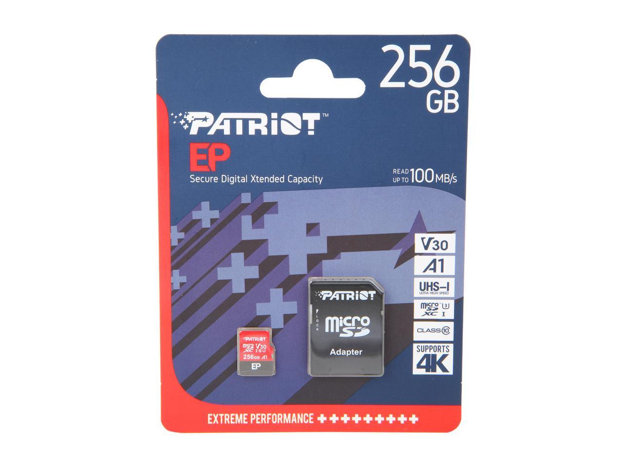 Patriot 256GB EP Series MicroSDXC U3, A1, V30. 4K Memory Card with Adapter, Reads 90MB/s, Writes 80MB/s