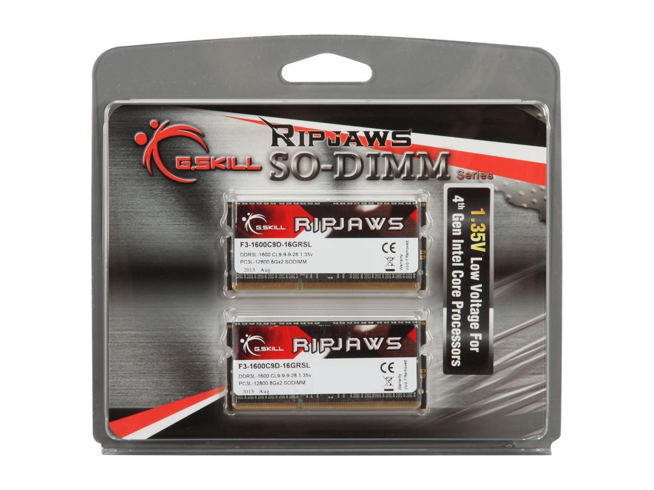G.SKILL Ripjaws Series 16GB (2 x 8GB) 204-Pin DDR3 SO-DIMM DDR3L 1600 (PC3L 12800) Laptop Memory Model F3-1600C9D-16GRSL