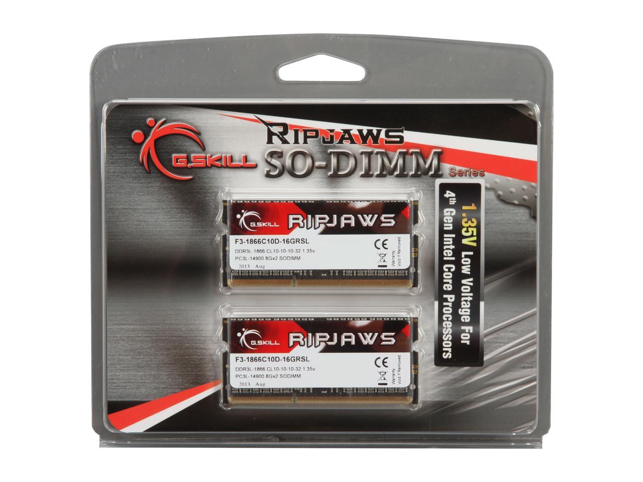 G.SKILL Ripjaws Series 16GB (2 x 8GB) 204-Pin DDR3 SO-DIMM DDR3 1866 (PC3 14900) Laptop Memory Model F3-1866C10D-16GRSL