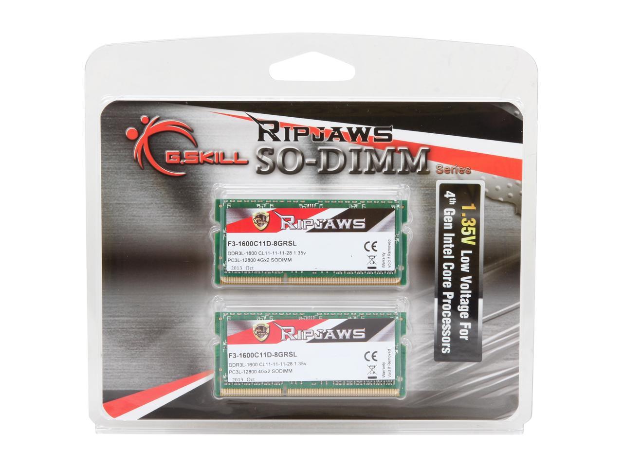 G.SKILL Ripjaws Series 8GB (2 x 4GB) 204-Pin DDR3 SO-DIMM DDR3L 1600 (PC3L 12800) Laptop Memory Model F3-1600C11D-8GRSL