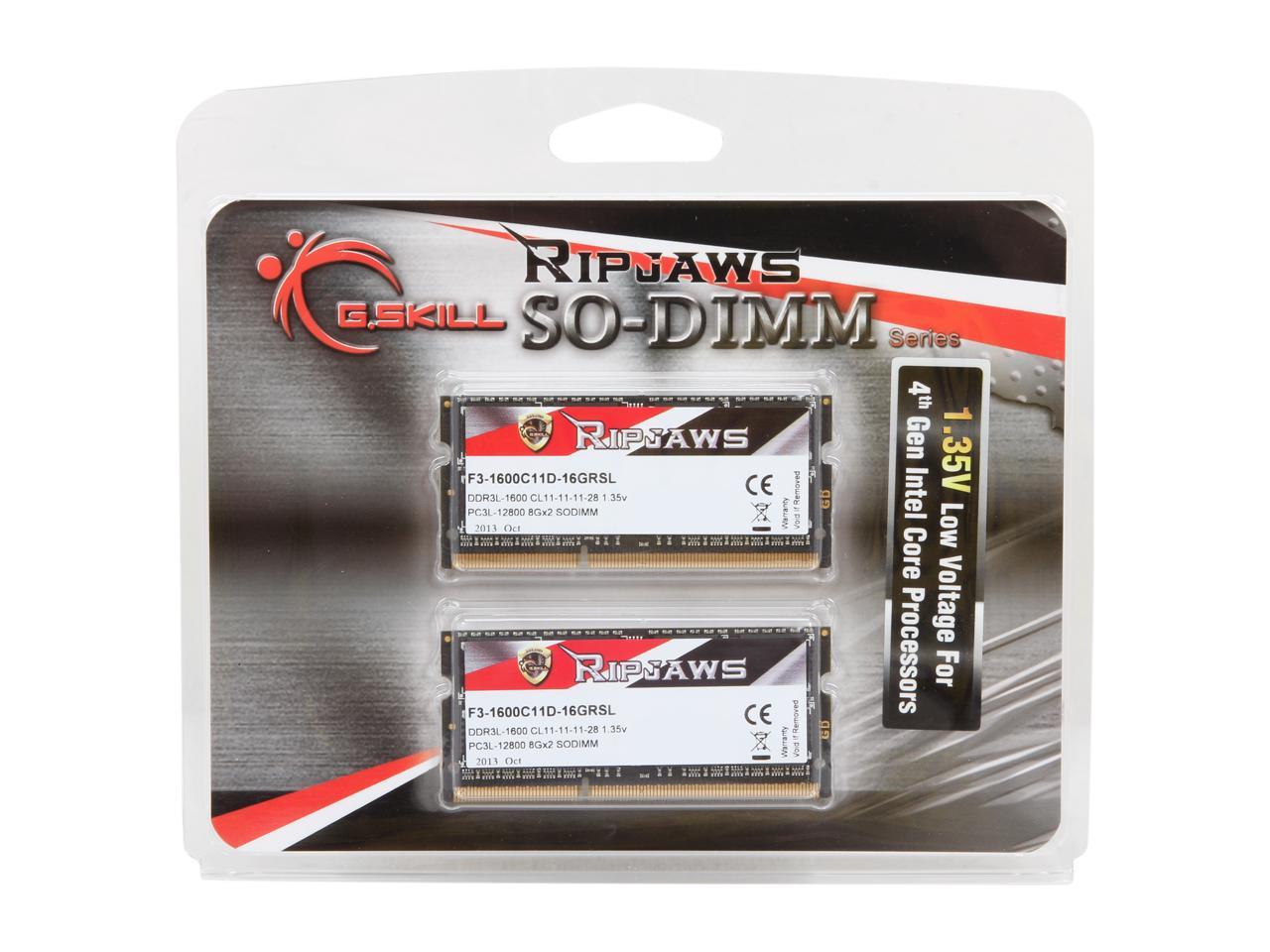 G.SKILL Ripjaws Series 16GB (2 x 8GB) 204-Pin DDR3 SO-DIMM DDR3L 1600 (PC3L 12800) Laptop Memory Model F3-1600C11D-16GRSL