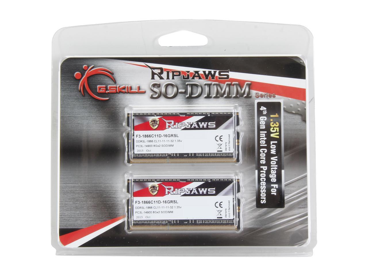 G.SKILL Ripjaws Series 16GB (2 x 8GB) 204-Pin DDR3 SO-DIMM DDR3L 1866 (PC3L 14900) Laptop Memory Model F3-1866C11D-16GRSL