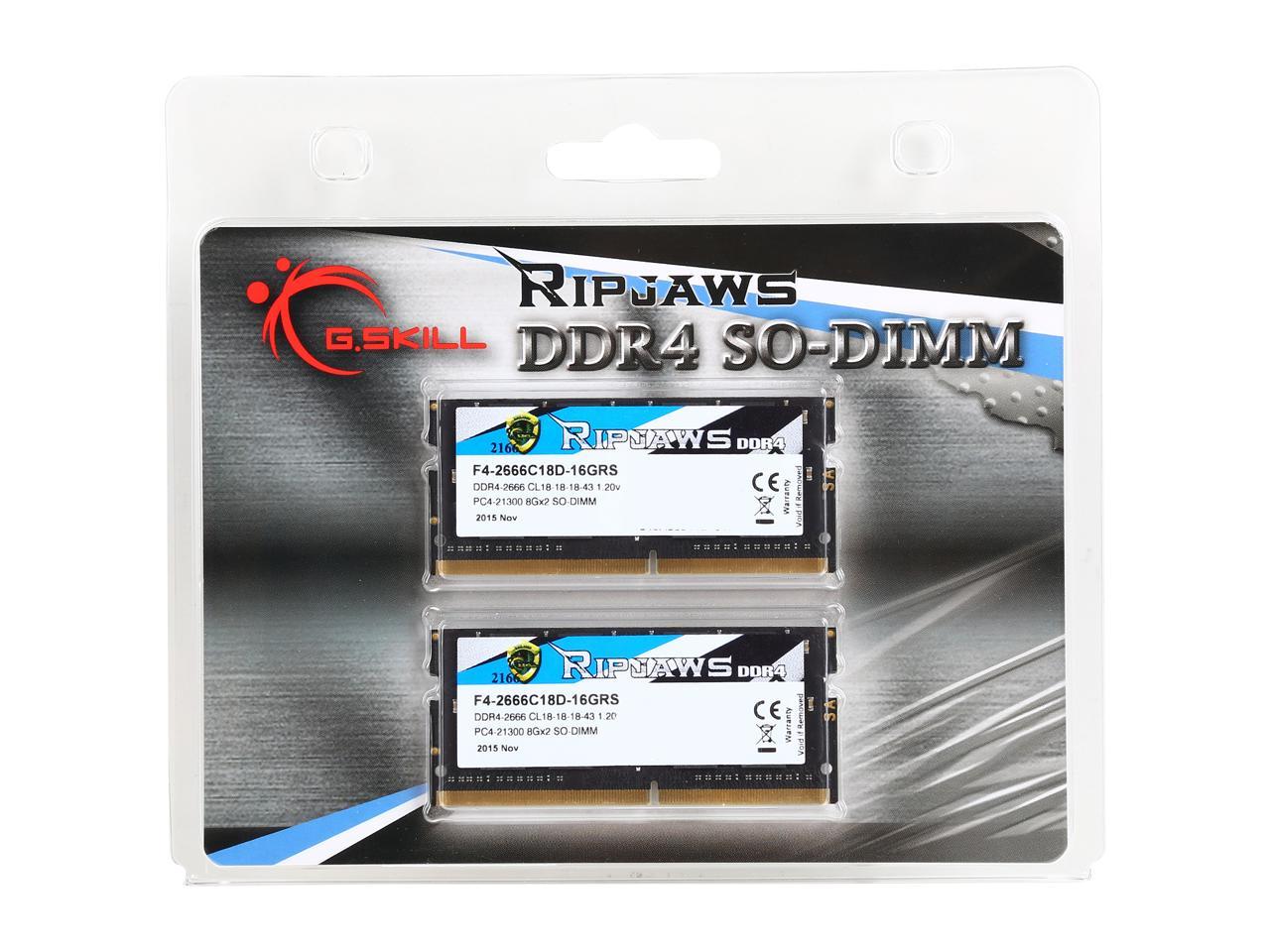 G.SKILL Ripjaws Series 16GB (2 x 8GB) 260-Pin DDR4 SO-DIMM DDR4 2666 (PC4 21300) Laptop Memory Model F4-2666C18D-16GRS