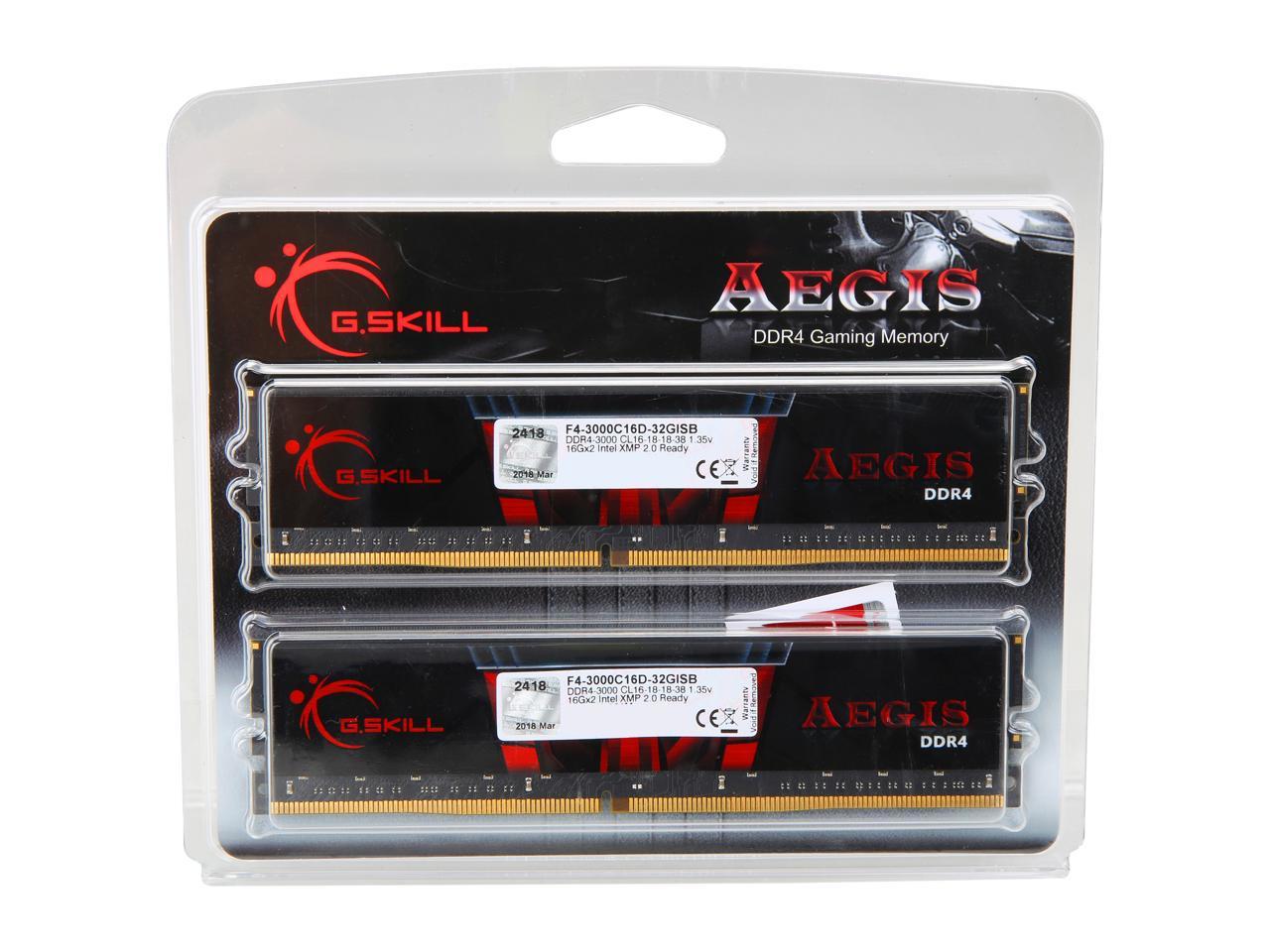 G.SKILL Aegis 32GB (2 x 16GB) 288-Pin DDR4 SDRAM DDR4 3000 (PC4 24000) Intel XMP 2.0 Desktop Memory Model F4-3000C16D-32GISB