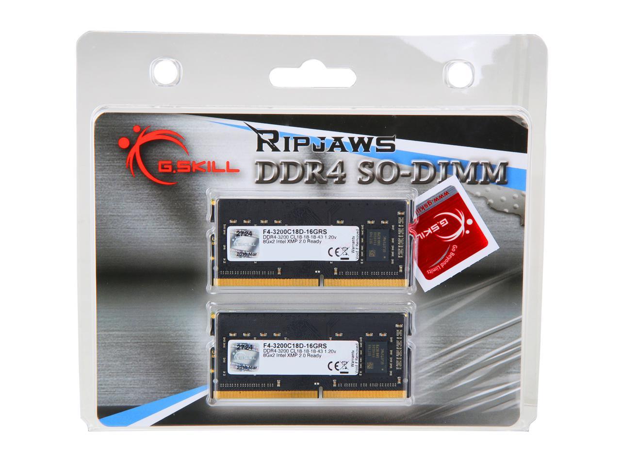 G.SKILL Ripjaws SO-DIMM 16GB (2 x 8GB) 260-Pin DDR4 SO-DIMM DDR4 3200 (PC4 25600) Laptop Memory Model F4-3200C18D-16GRS