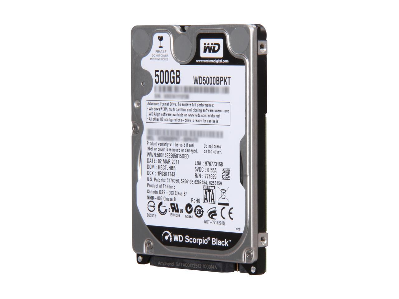 Western Digital Scorpio Black wd5000bpkt 500GB 7200 RPM 16MB Cache SATA 3.0Gb/s 2.5" Internal Notebook Hard Drive Bare Drive