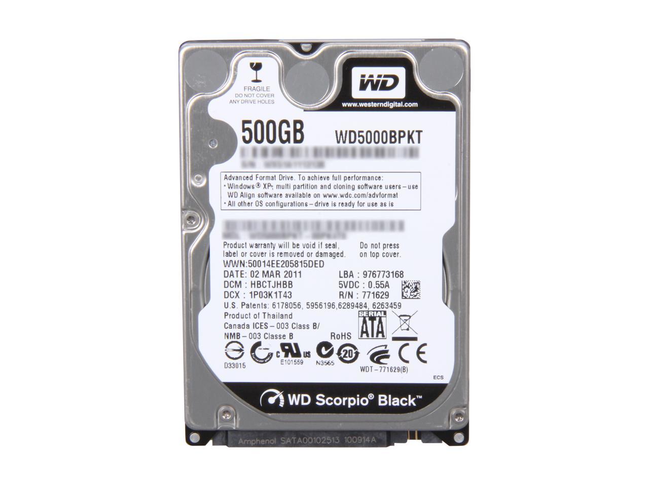 Western Digital Scorpio Black wd5000bpkt 500GB 7200 RPM 16MB Cache SATA 3.0Gb/s 2.5" Internal Notebook Hard Drive Bare Drive