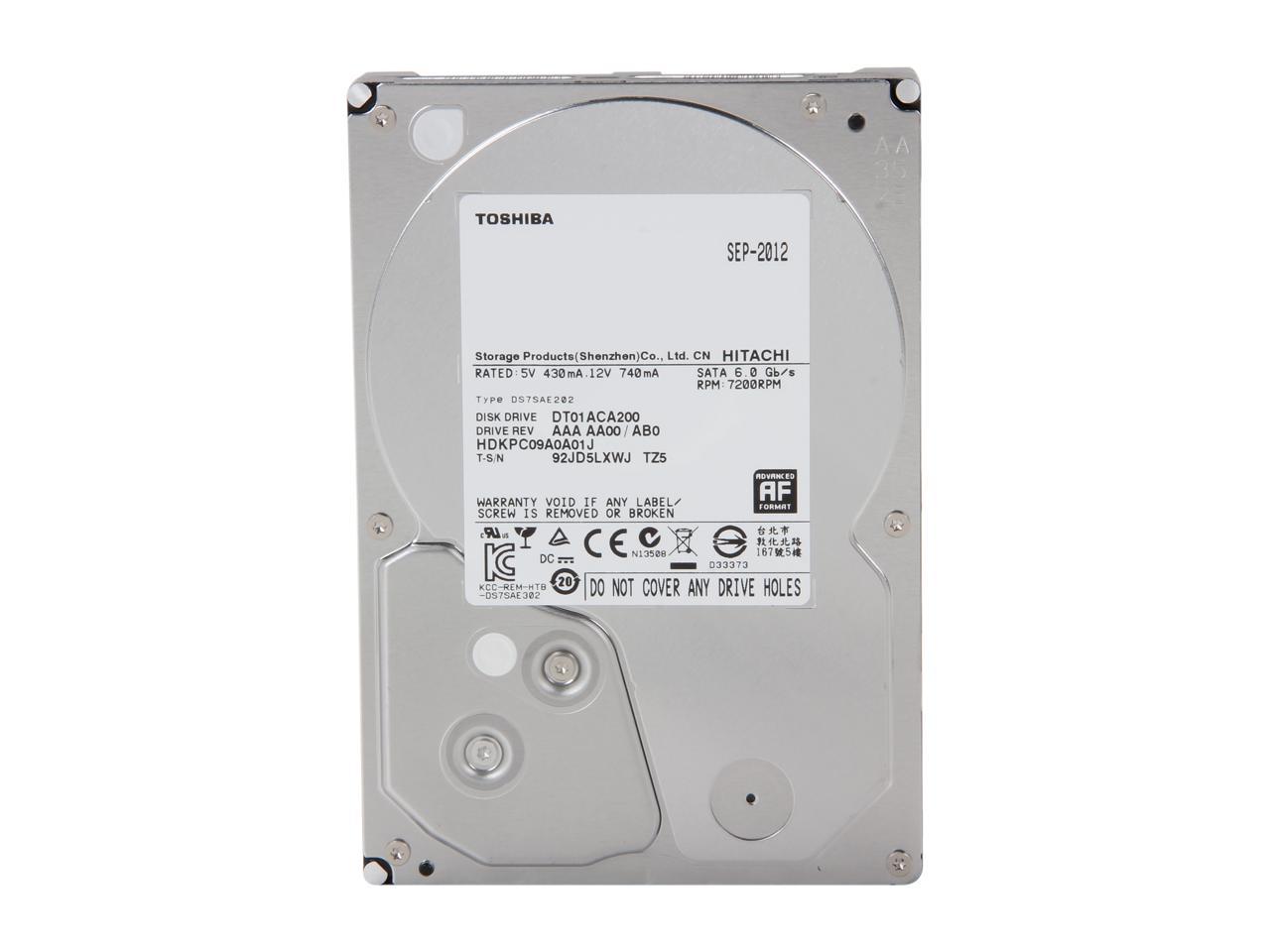 TOSHIBA DT01ACA200 2TB 7200 RPM 64MB Cache SATA 6.0Gb/s 3.5" Internal Hard Drive Bare Drive
