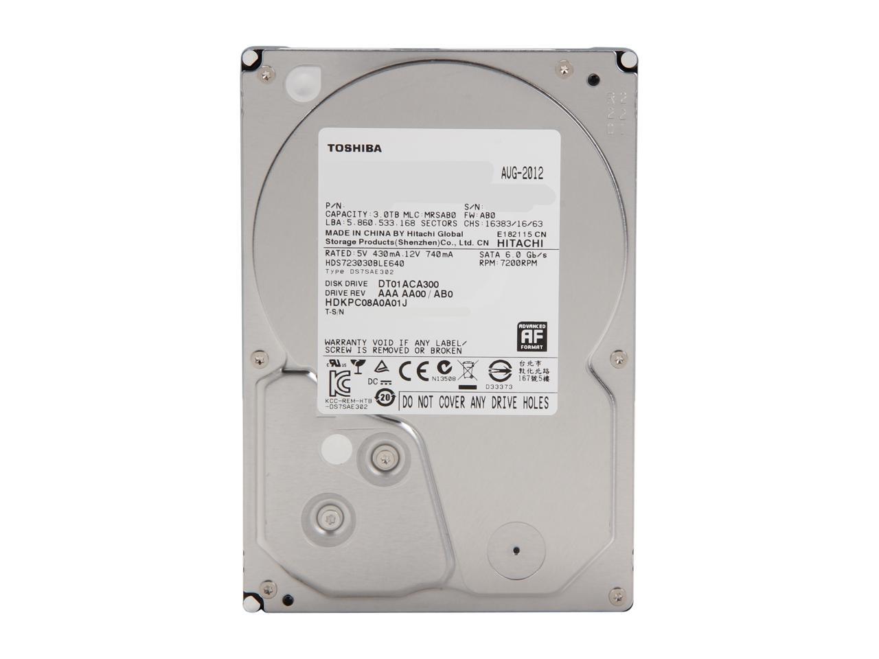 TOSHIBA DT01ACA300 3TB 7200 RPM 64MB Cache SATA 6.0Gb/s 3.5" Internal Hard Drive Bare Drive