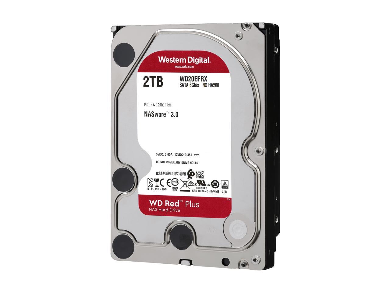 WD Red Plus 2TB NAS Hard Disk Drive - 5400 RPM Class SATA 6Gb/s, CMR, 64MB Cache, 3.5 Inch - WD20EFRX