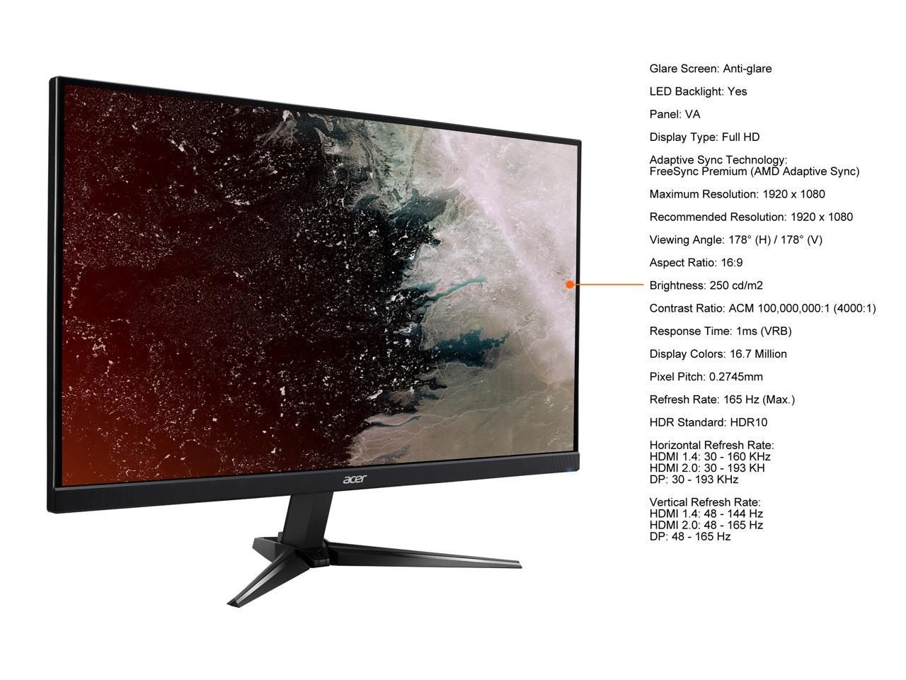 Acer QG241Y Pbmiipx 24" (23.8" Viewable) Full HD 1920 x 1080 165Hz 1ms (VRB) HDR10 2 x HDMI, DisplayPort, Built-in Speakers Freesync Premium Gaming Monitor