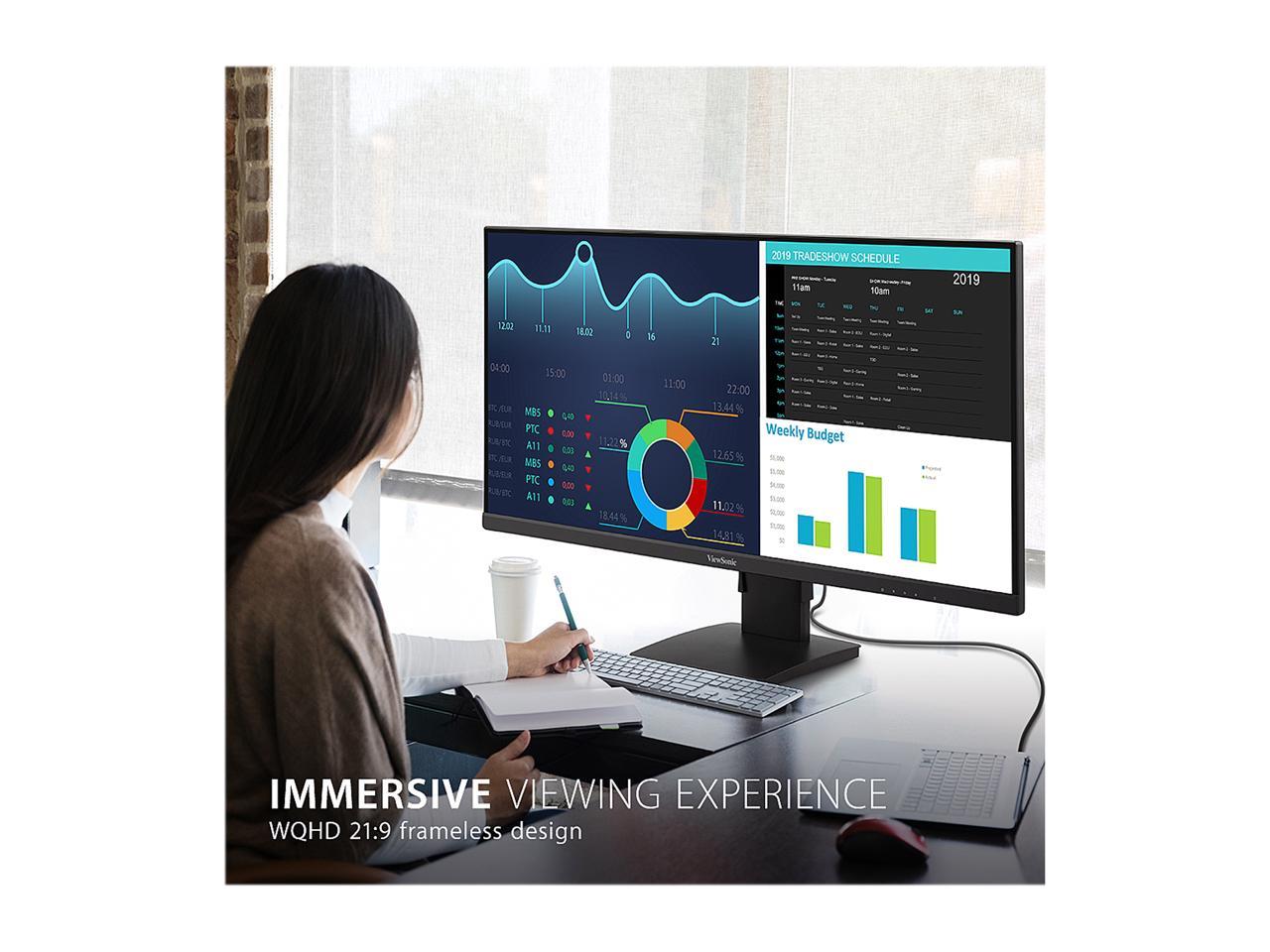 ViewSonic VA3456-MHDJ 34 Inch 21:9 UltraWide WQHD 1440p Monitor Frameless IPS with Ergonomics Design HDMI and DisplayPort Inputs for Home and Office