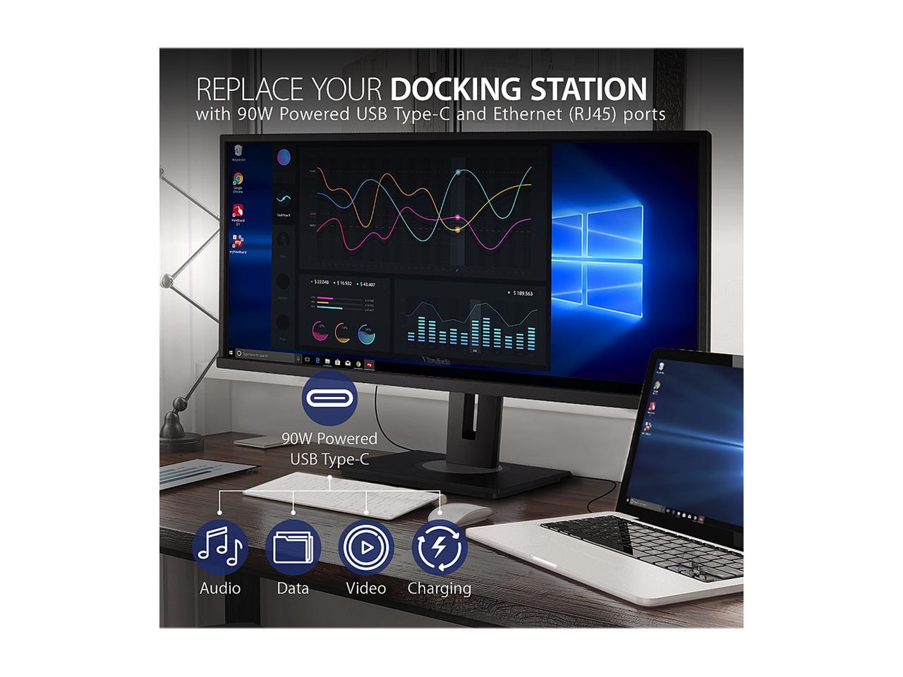 ViewSonic VG3456 34 Inch 21:9 UltraWide WQHD 1440p Monitor with Ergonomics Design USB Type C Docking Built-In Gigabit Ethernet for Home and Office
