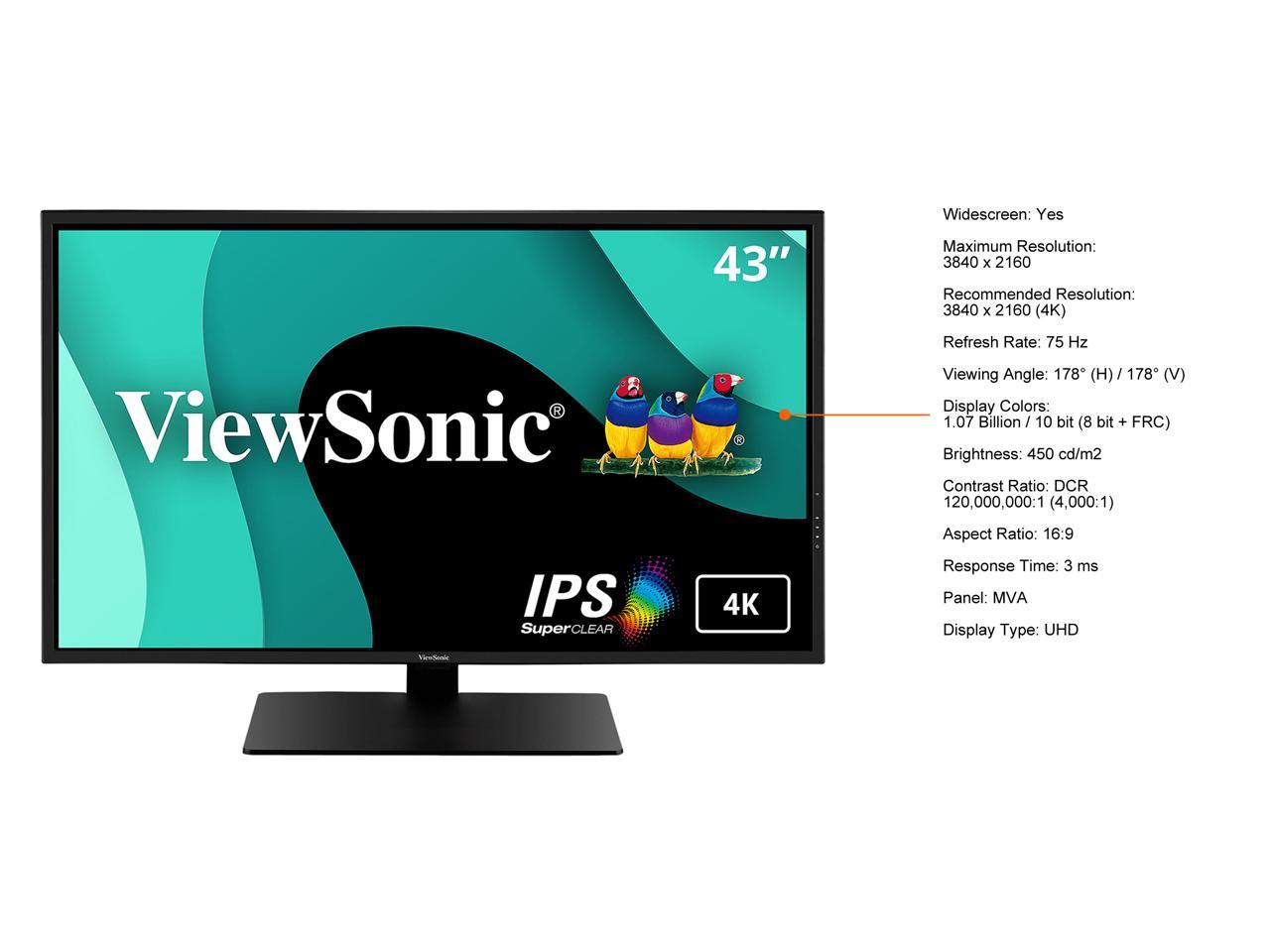 ViewSonic VX4381-4K 43 Inch Ultra HD MVA 4K Monitor Frameless Widescreen with HDR10 Support, Eye Care, HDMI, USB, DisplayPort for Home and Office