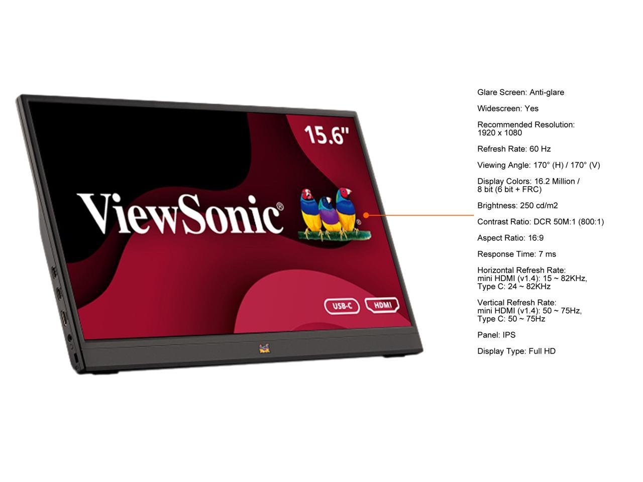 ViewSonic VA1655 15.6 Inch 1080p Portable IPS Monitor with Mobile Ergonomics, USB-C, and HDMI for Home and Office