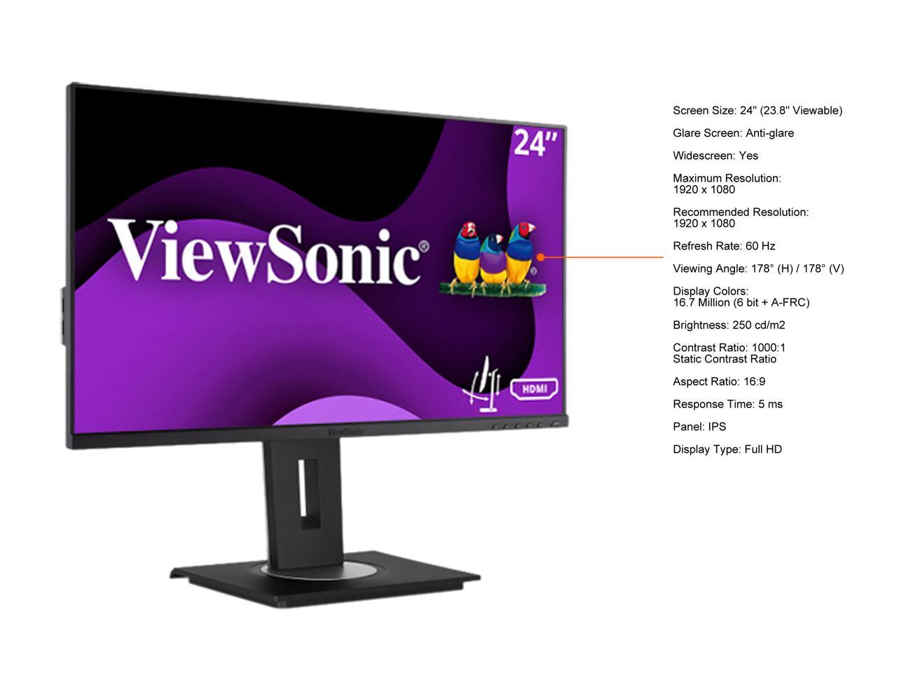 ViewSonic VG2448A 24 Inch IPS 1080p Ergonomic Monitor with Ultra-Thin Bezels, HDMI, DisplayPort, USB, VGA, and 40 Degree Tilt for Home and Office