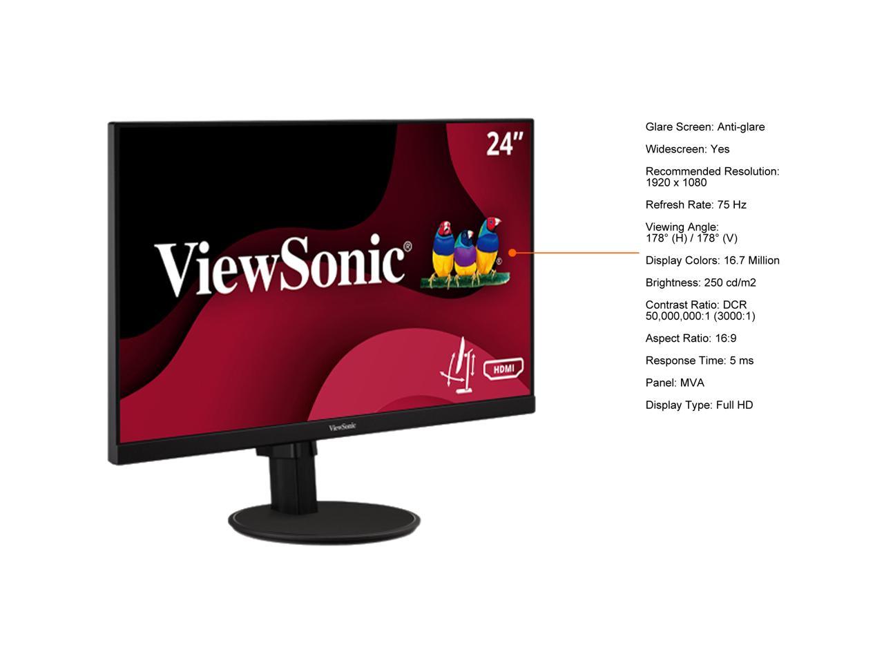 ViewSonic VA2447-MHJ 24 Inch Full HD 1080p Monitor with Advanced Ergonomics, Ultra-Thin Bezel, AMD FreeSync, 75Hz, Eye Care, and HDMI, VGA Inputs for Home and Office