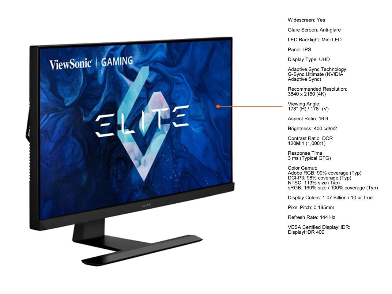 ViewSonic 32" 144 Hz IPS UHD IPS Mini LED Gaming Monitor 3 ms (Typical GTG) G-Sync Ultimate (NVIDIA Adaptive Sync) 3840 x 2160 (4K) HDMI, DisplayPort, USB, Audio Built-in Speakers Flat Panel XG321UG