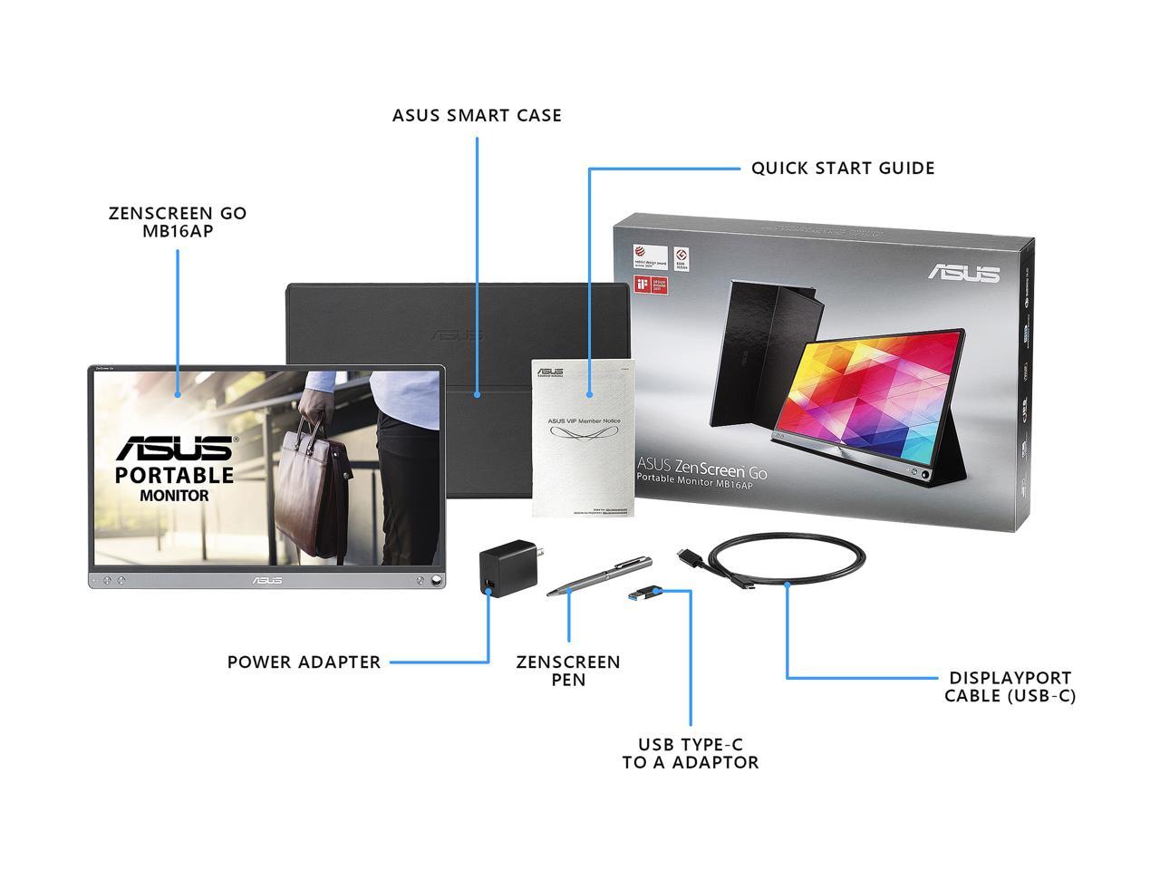 ASUS ZenScreen GO MB16AP Portable USB Monitor - 15.6-inch, Full HD, Built-in Battery, Hybrid Signal Solution, USB Type-C, Flicker Free, Blue Light Filter