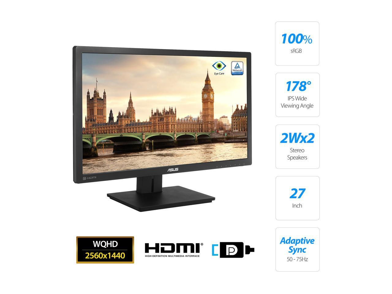 ASUS PB278QV 27" WQHD 2560 x 1440 2K Resolution 75Hz HDMI DVI-D DisplayPort VGA Adaptive-Sync Support Asus Eye Care with Ultra Low Blue-Light & Flicker-Free Technology Professional LED IPS Monitor