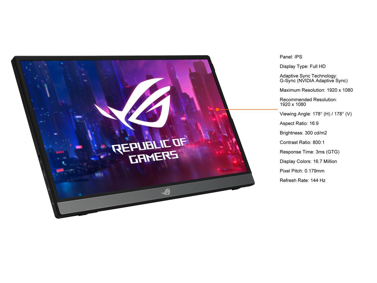 ASUS ROG Strix XG16AHPE 15.6" 1080P Full HD, 144Hz, IPS, G-SYNC Compatible, Built-in Battery, Kickstand, USB-C Power Delivery, Micro HDMI, For Laptop, PC, Phone, Console Portable Gaming Monitor
