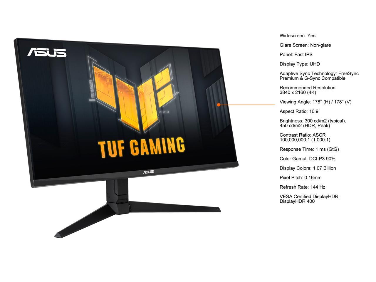 ASUS TUF Gaming 28" 4K 144Hz DSC HDMI 2.1 Gaming Monitor (VG28UQL1A) - UHD (3840 x 2160), Fast IPS, 1ms, Extreme Low Motion Blur Sync, G-SYNC Compatible, FreeSync Premium, Eye Care, DCI-P3 90%