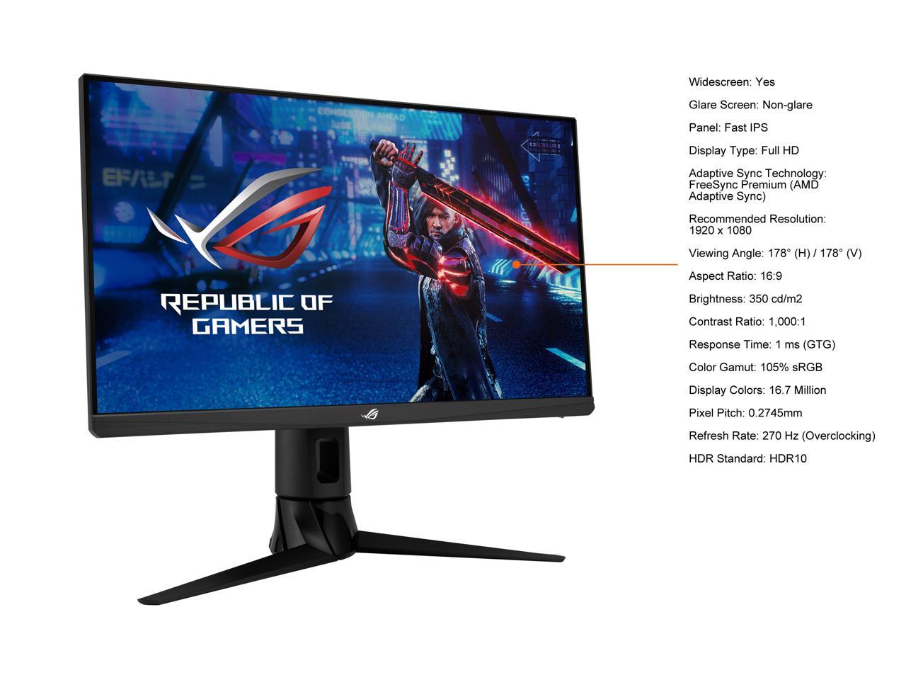 ASUS ROG Strix 23.8" 1080P HDR Gaming Monitor (XG249CM) - Full HD, IPS, 270Hz, 1ms, Extreme Low Motion Blur Sync, FreeSync Premium, 105% sRGB, Eye Care, USB-C, DisplayPort, HDMI, Height Adjustable