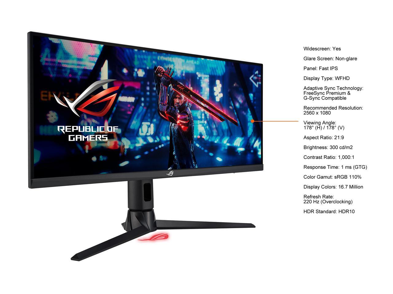 ASUS ROG Strix 29.5" 21:9 HDR Gaming Monitor (XG309CM) - WFHD (2560 x 1080), Fast IPS, 220Hz, 1ms, Extreme Low Motion Blur Sync, G-SYNC Compatible, Tripod Socket for Streaming, USB Type-C, KVM Support
