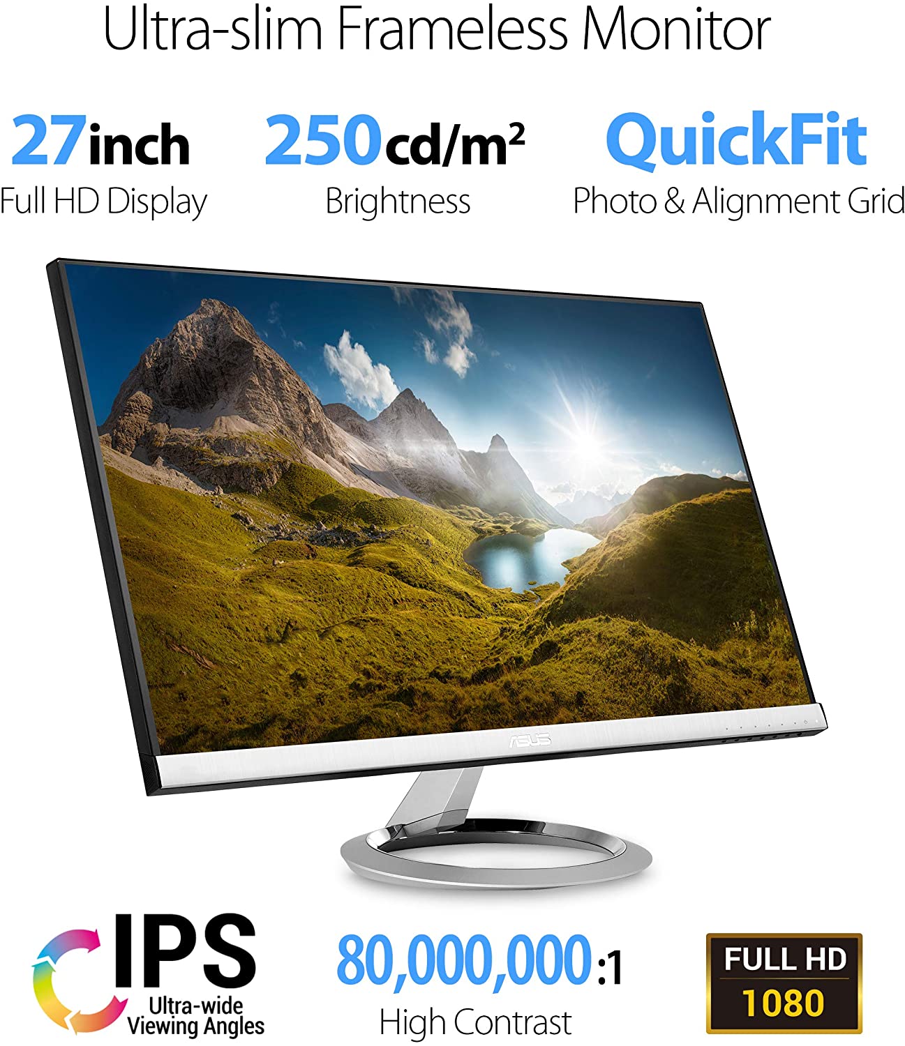 ASUS Designo 27" Full HD 1920x1080 2xHDMI VGA Built-in Speakers Frameless Low Blue Light Asus Eye Care Widescreen Backlit LED IPS Monitor MX279HS