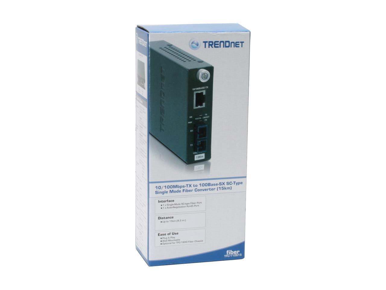 TRENDnet TFC-110S15 100Base-TX to 100Base-FX Single Mode SC Fiber Converter (15KM, 9.3Miles) 100Mbps (half-duplex) 200Mbps (full-duplex) 1 x 10/100Base-TX 1 x 100Base-FX (SC-type)