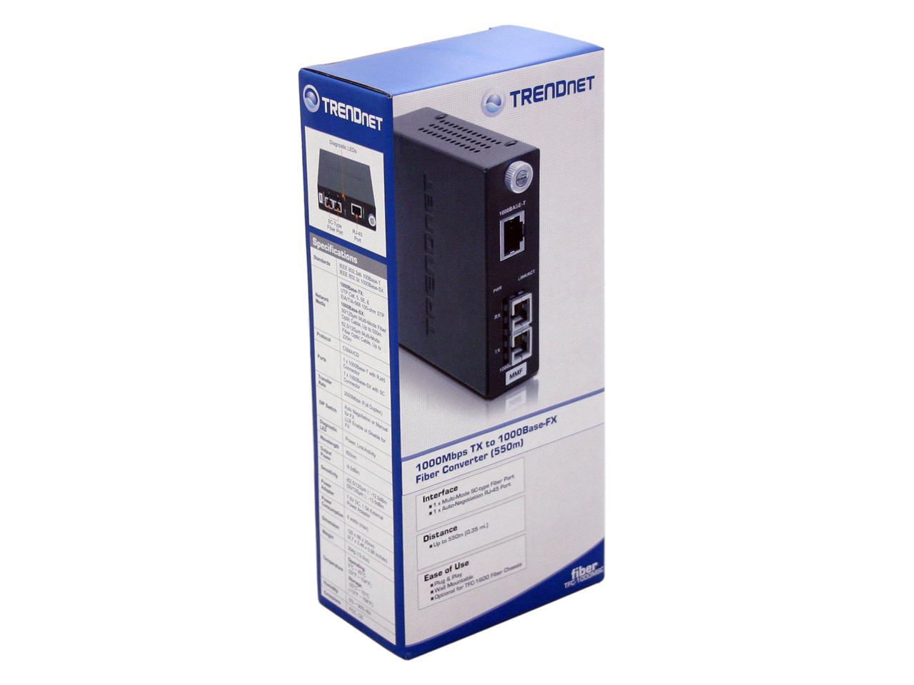 TRENDnet TFC-1000MSC Multi-Mode Fiber Converter with SC-Type Connector 1 Gbps 1x 1000Base-T, 1x 1000Base-SX