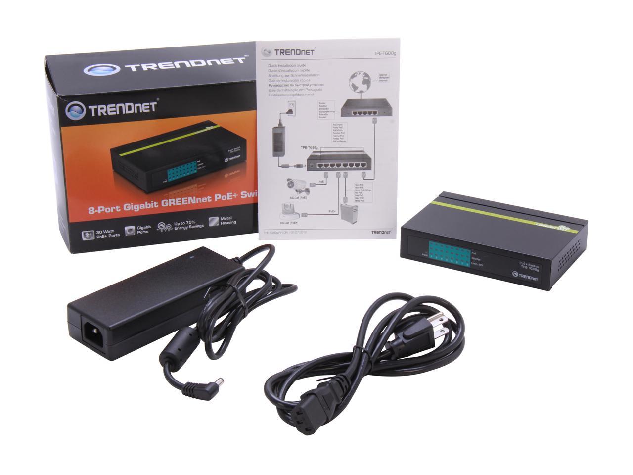 TRENDnet TPE-TG80G Unmanaged 8-Port Gigabit GREENnet PoE+ Switch. Limited Life Time Warranty