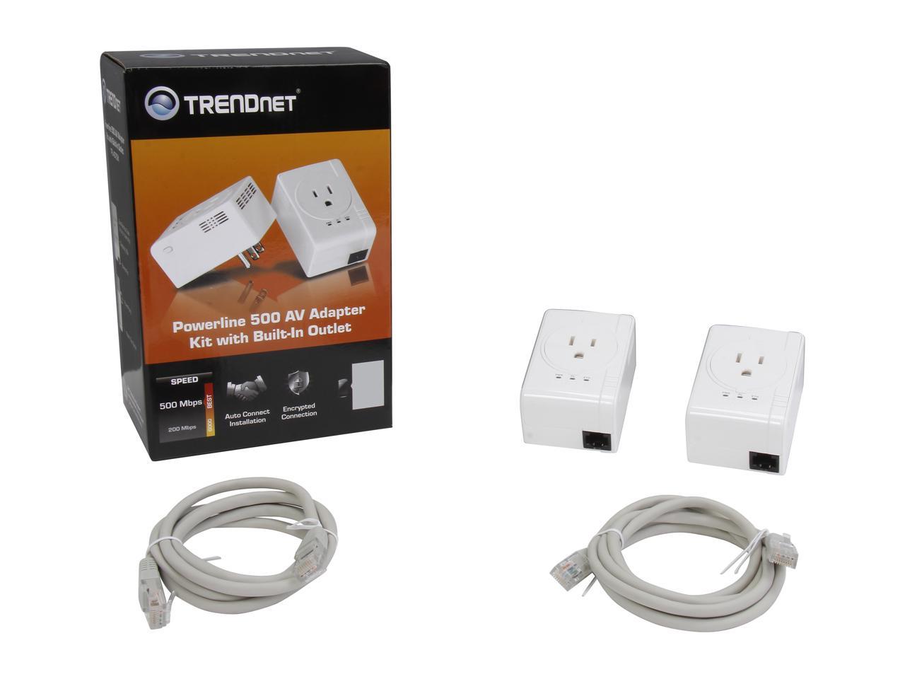 TRENDnet TPL-407E2K Powerline AV500 Nano Adapter Kit with Built-In Outlet, Up to 500Mbps