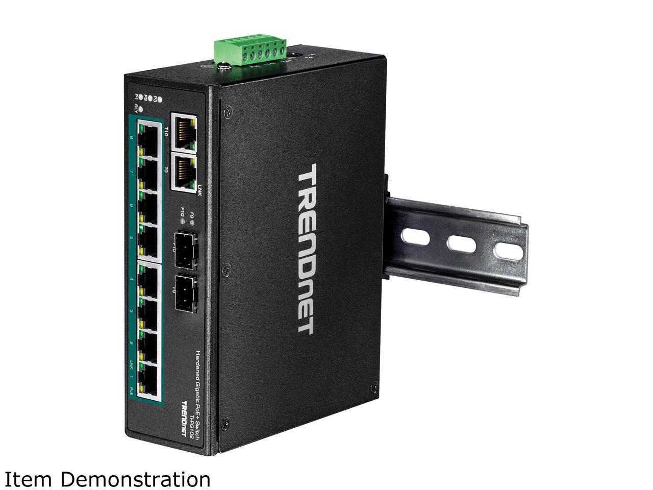 TRENDnet TI-PG102 10-Port Industrial Gigabit PoE+ DIN-Rail Switch Limited Lifetime Warranty