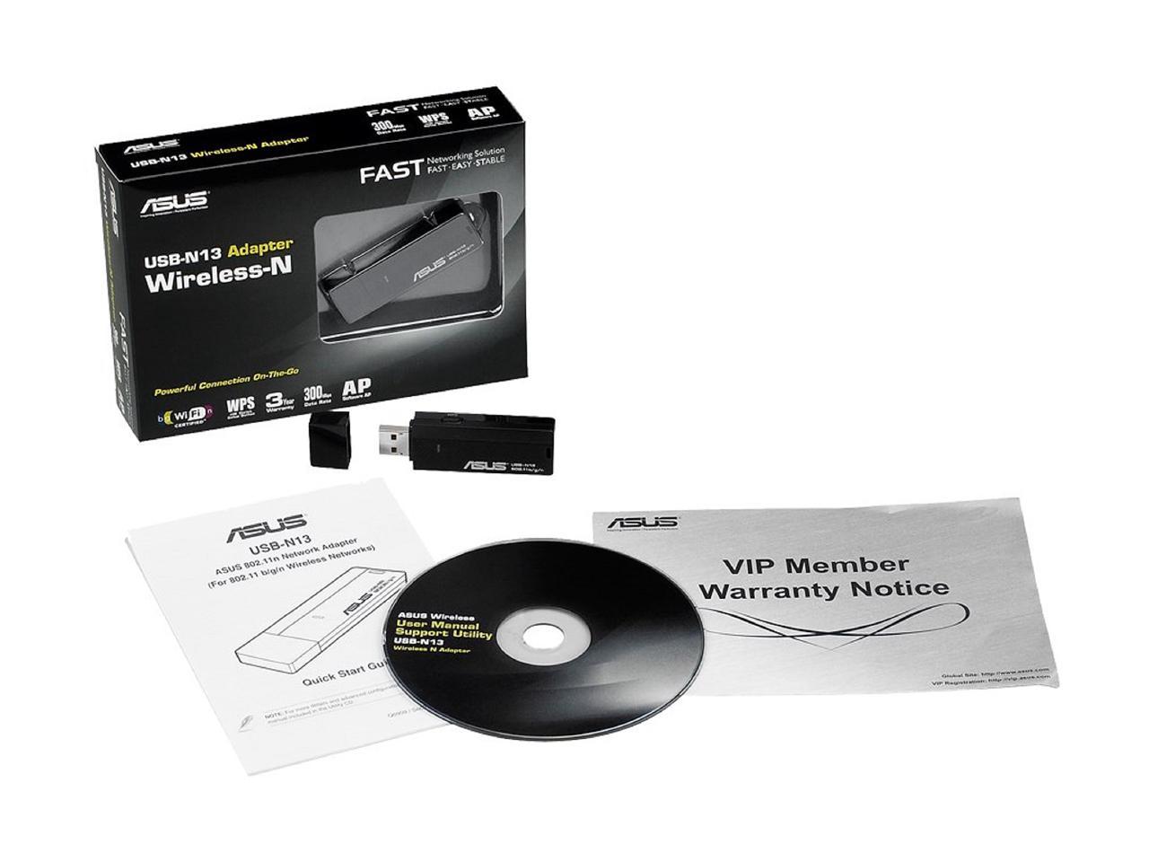 ASUS USB-N13 300Mpbs Wireless-N USB Adapter IEEE 802.11b/g/n, USB 2.0
