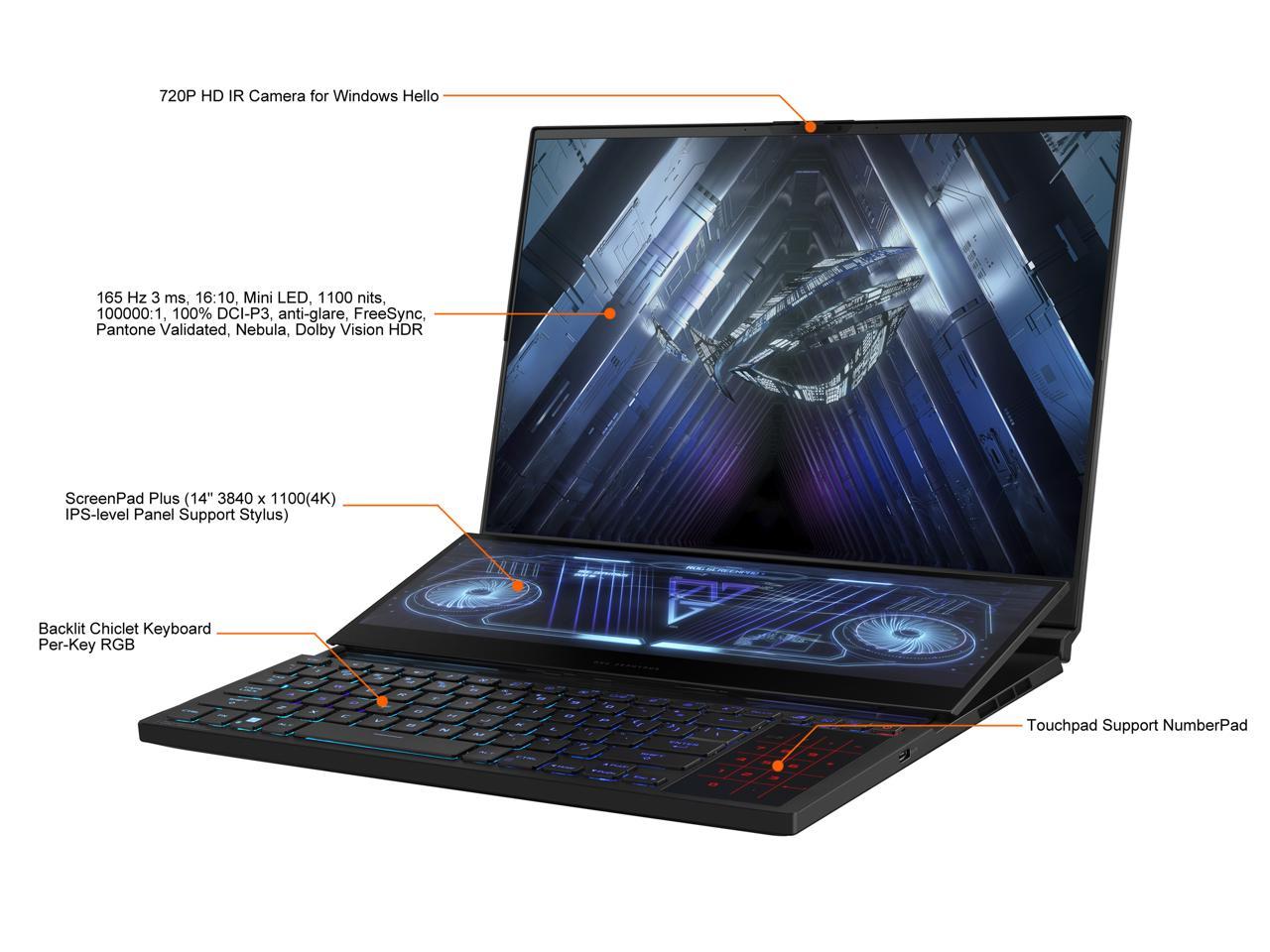 ASUS ROG Zephyrus Duo 16 (2022) Gaming Laptop, 16" 165Hz ROG Nebula HDR QHD 16:10 Display, NVIDIA GeForce RTX 3070 Ti, AMD Ryzen 9 6900HX, 32GB DDR5, 1TB SSD, Windows 11 Pro, GX650RW-XS96