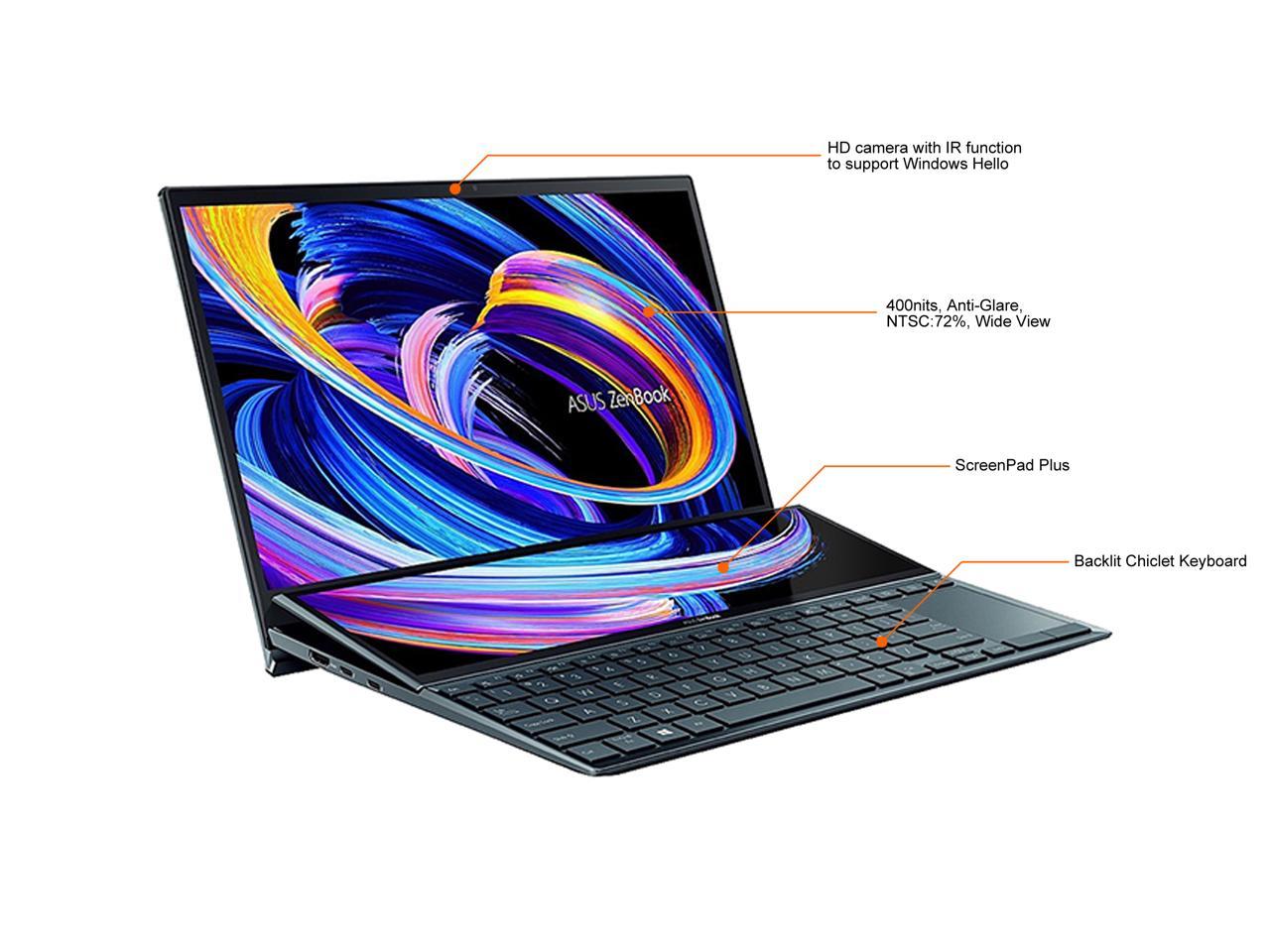 ASUS ZenBook Duo 14 UX482 14� FHD NanoEdge Touch Display, Intel Evo Platform, Core i7-1195G7, 8GB RAM, 512GB PCIe SSD, Innovative ScreenPad Plus, Windows 11 Home, Celestial Blue, UX482EAR-DH71T
