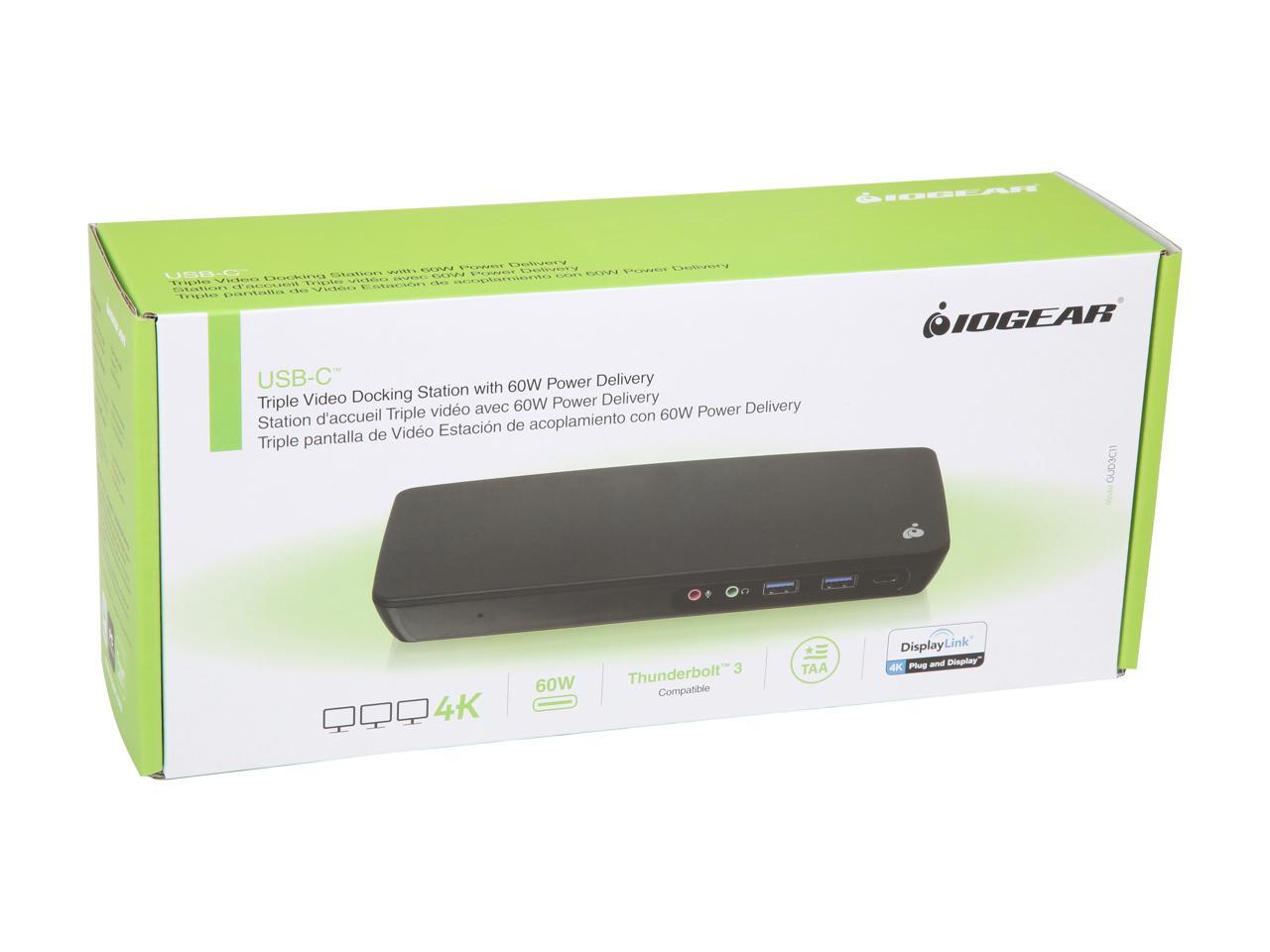 IOGEAR Black GUD3C11 USB-C Triple Video Docking Station with 60W Power Delivery (TAA Compliant)