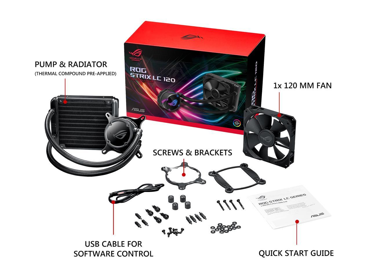 ASUS ROG Strix LC 120 RGB AIO Liquid CPU Cooler 120mm Radiator, 120mm 4-pin PWM Fan with FanXpert Controls, support for Intel and AMD motherboards