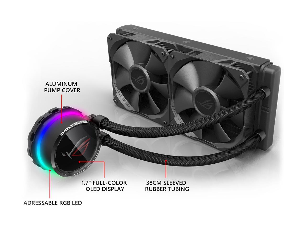 ASUS ROG Ryuo 240 RGB AIO Liquid CPU Cooler 240mm Radiator (Dual 120mm 4-pin PWM Fans) with LIVEDASH OLED Panel and FanXpert Controls, 90RC0040-M0AAY0