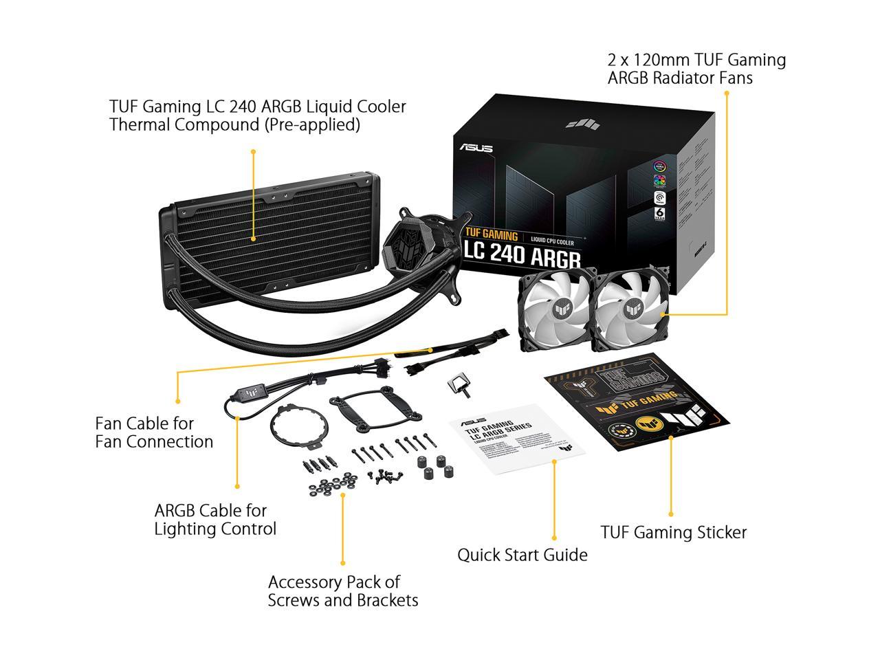 ASUS TUF Gaming LC 240 ARGB all-in-one liquid CPU cooler (Aura Sync, dual TUF 120mm ARGB radiator fans with fan blade groove design)
