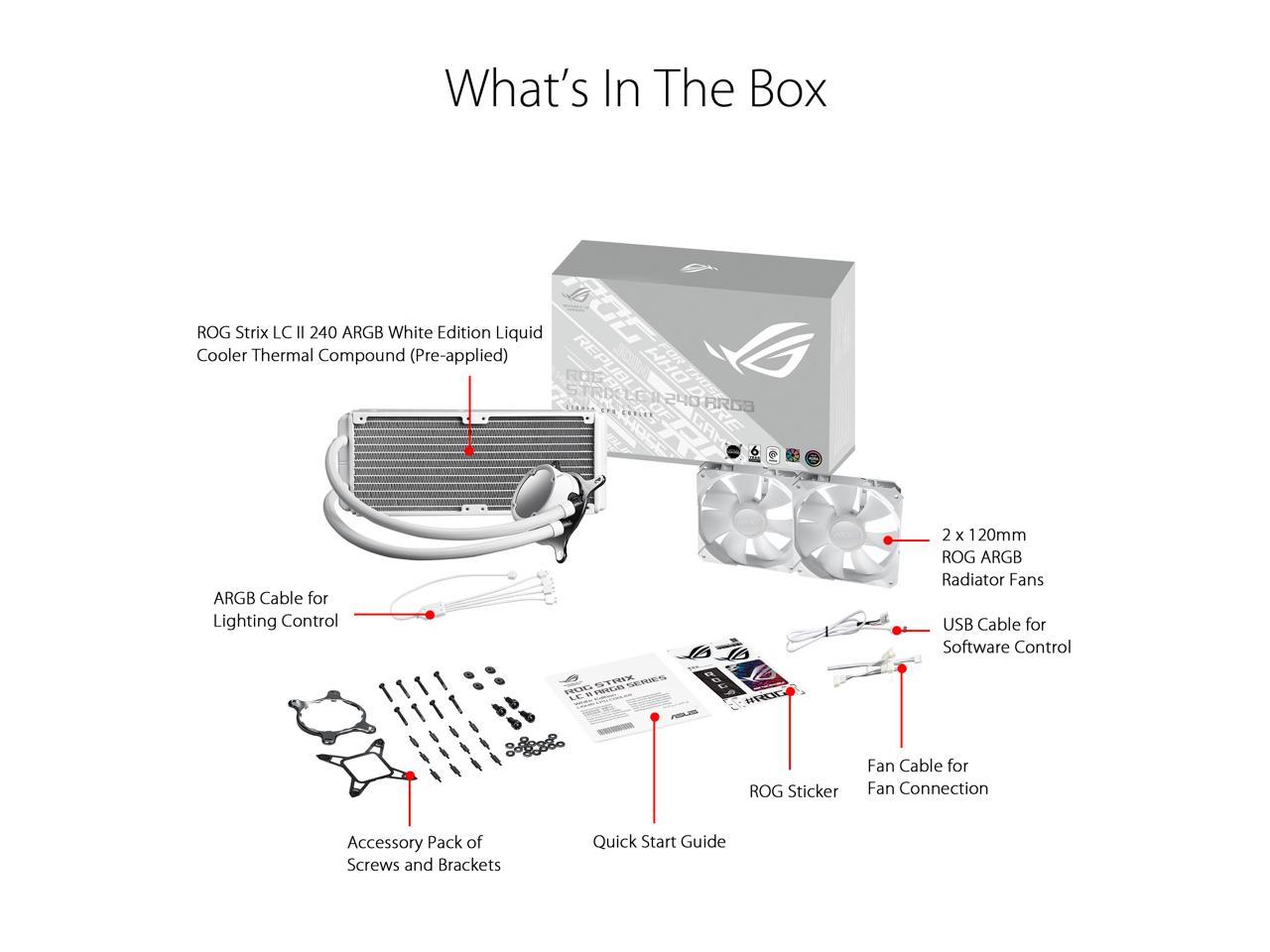ASUS ROG Strix LC II 240 ARGB White Edition All-in-one AIO Liquid CPU Cooler 240mm Radiator, Intel LGA1700, 115x/2066 and AMD AM4/TR4 Support, 2X 120mm 4-pin PWM Addressable RGB Radiator Fans