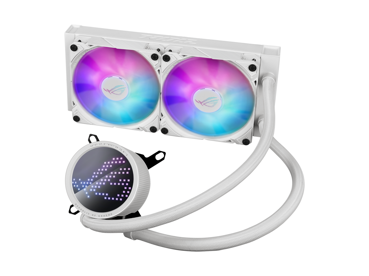 ASUS ROG RYUO III 240 ARGB White Edition All-in-one AIO Liquid CPU Cooler 240mm Radiator, Asetek 8th gen pump solution, Anime Matrix™ LED Display and ROG AF 12S ARGB fan.