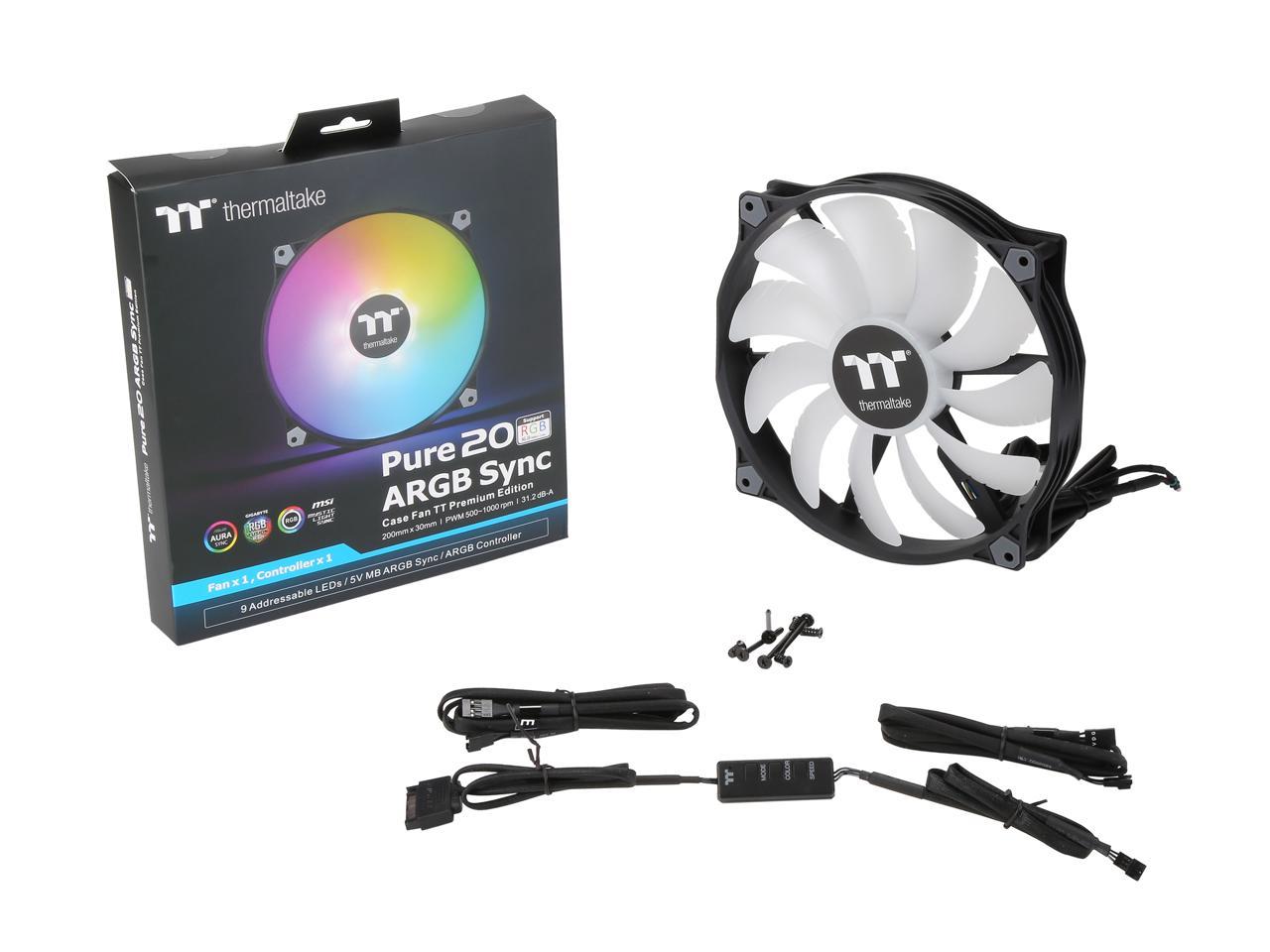 Thermaltake Pure 20 ARGB 5V Motherboard Sync/Analog Controller TT Premium Edition 16.8 Million Colors 9 Addressable LEDs 200mm Hydraulic Bearing PWM CaseFan, Single Pack CL-F081-PL20SW-A