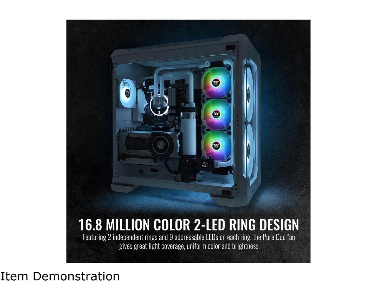 Thermaltake Pure Duo 120mm 16.8 Million RGB Color 5V ARGB Motherboard Sync 2 Light Rings 18 Addressable LED 9 Blades Hydraulic Bearing White Case/Radiator Fan (Dual Pack) CL-F097-PL12SW-B